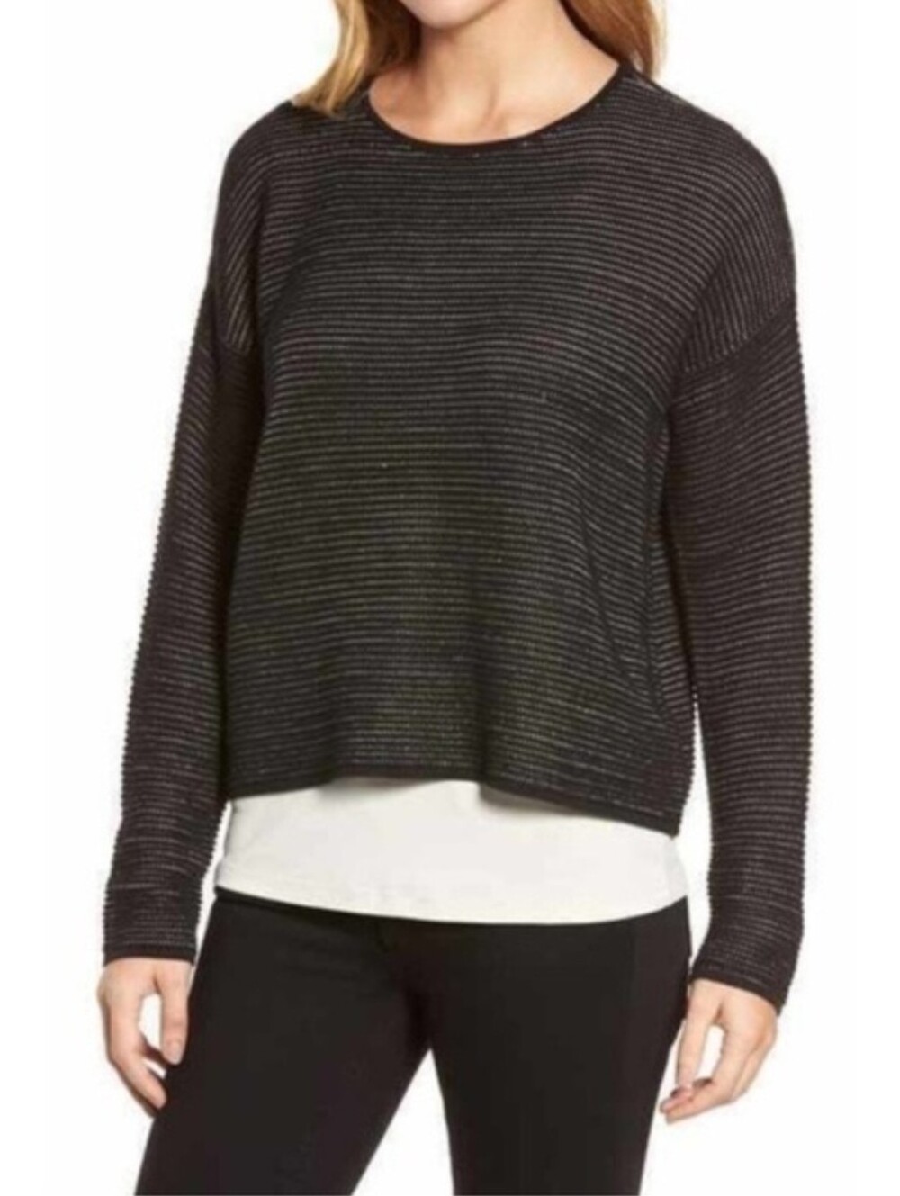 Eileen Fisher Women's Sweater Black Ribbed Knit Crewneck Pullover Sz L